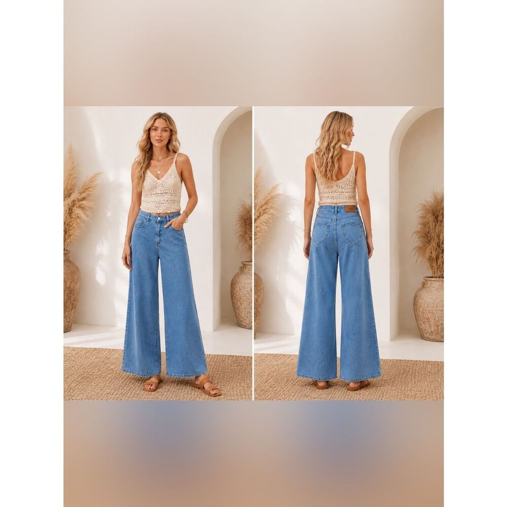 Cider Medium Blue High-Waist Wide-Leg Jeans